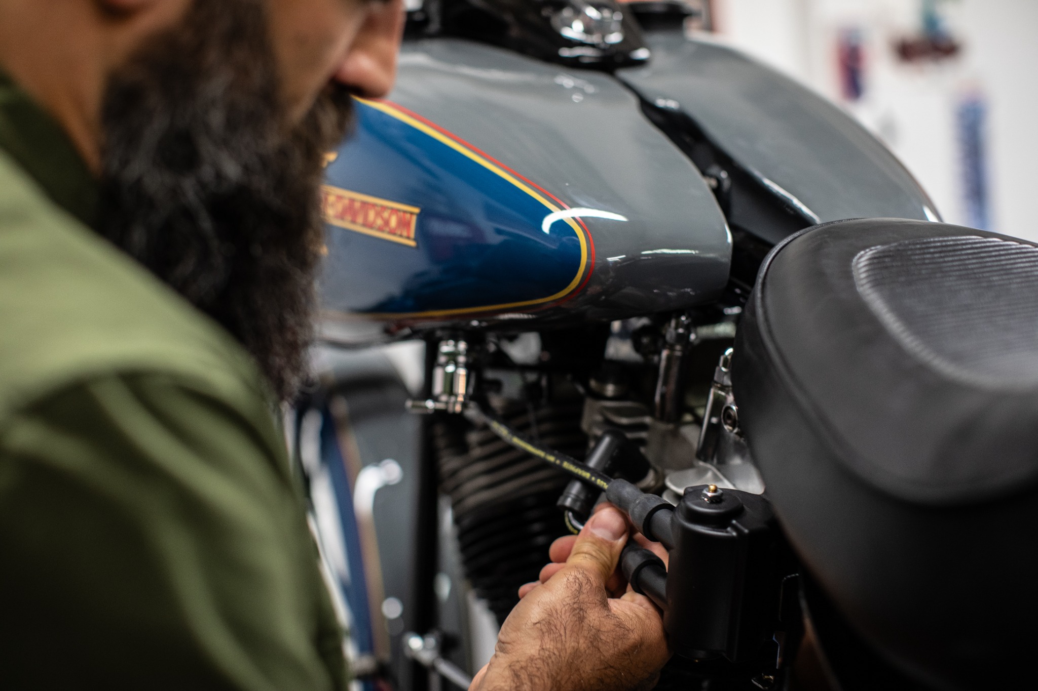 Close detail of handwork on a motorcycle