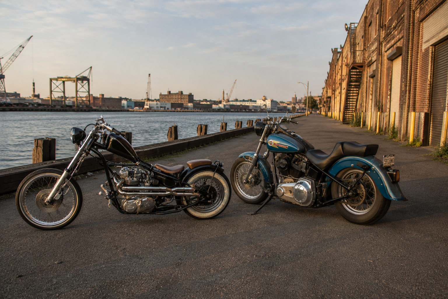 Two custom motorcycles on the Red Hook waterfront