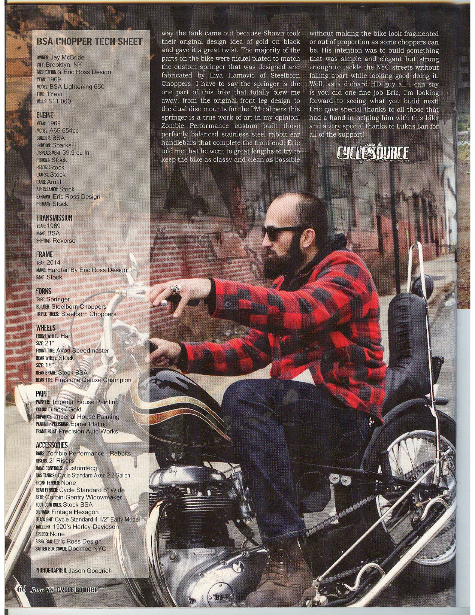 Cycle Source BSA chopper technical sheet and portrait of Eric Ross