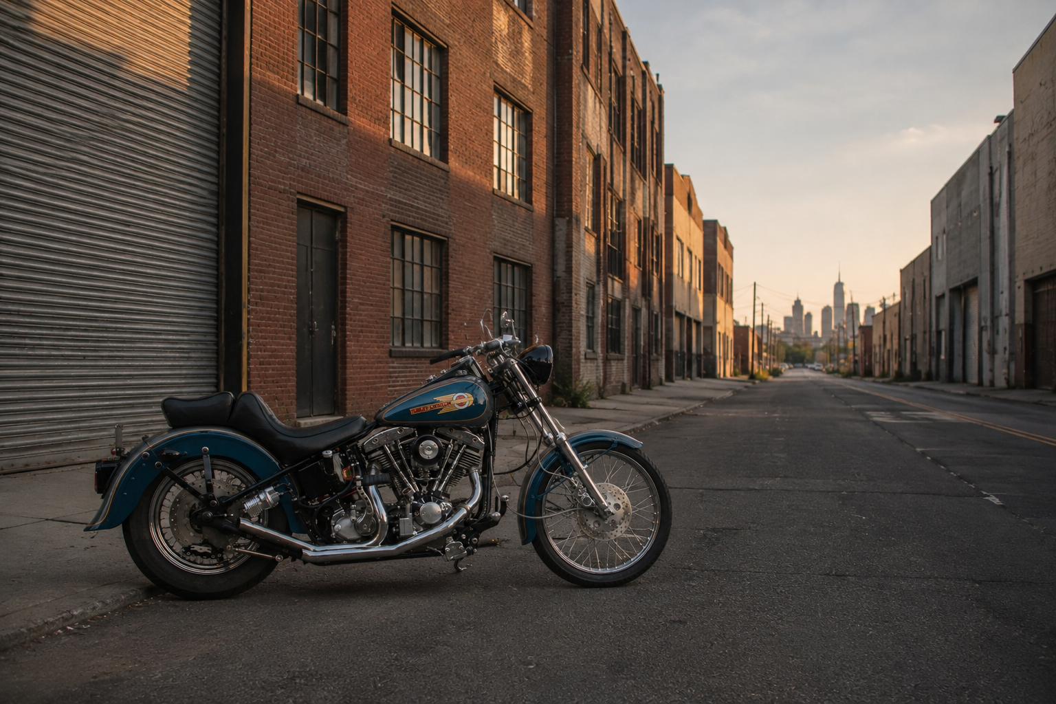 Custom Harley-Davidson on a Brooklyn industrial street