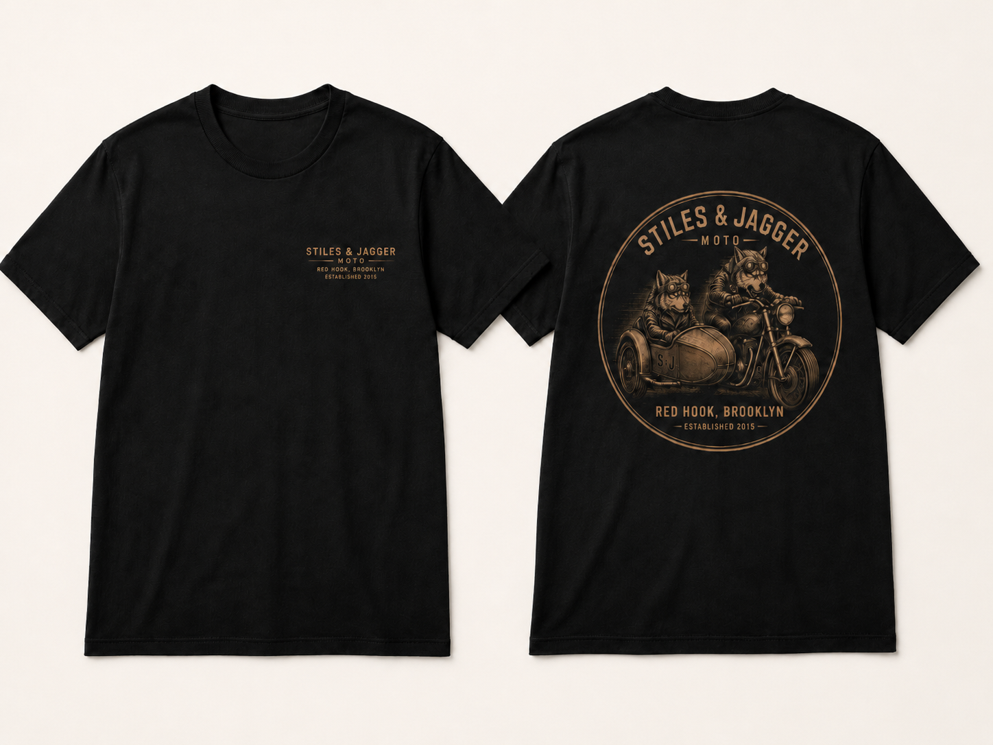 Black Stiles and Jagger Wolf Moto T-shirt shown from the front and back