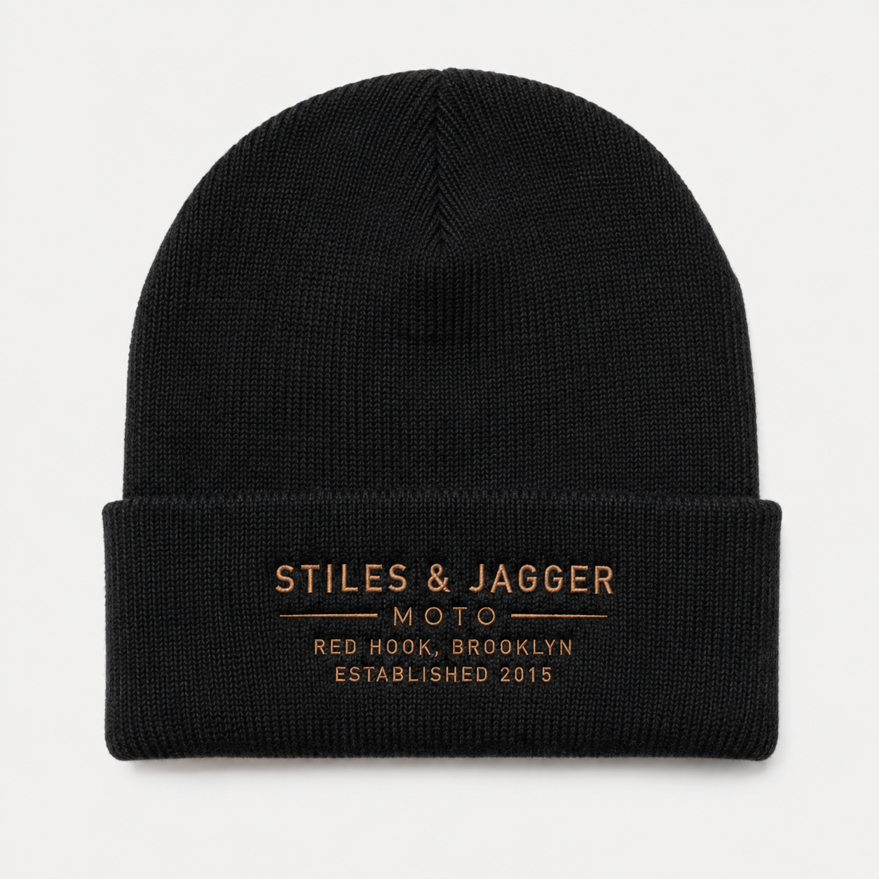 Black Stiles and Jagger knit beanie with bronze embroidery